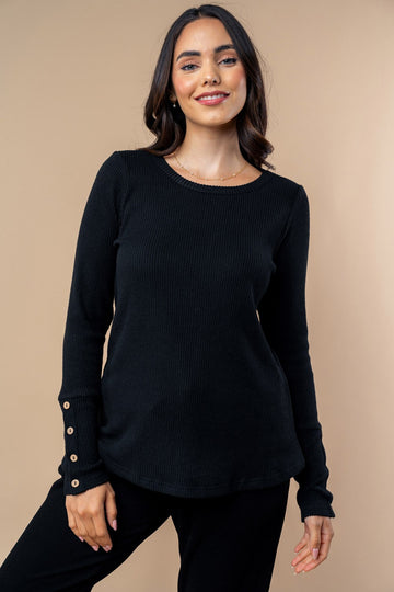 Black Ribbed Knit Button Detail Long Sleeve Top