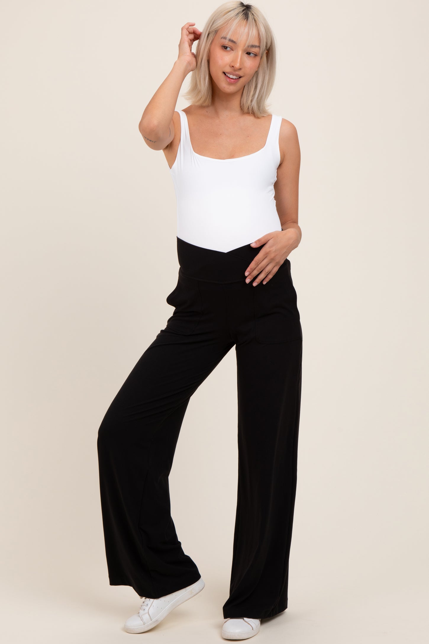 Black Crossover Waist Active Wide Leg Maternity Pant