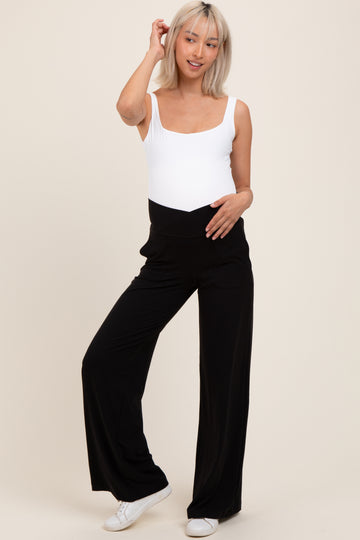 Black Crossover Waist Active Wide Leg Maternity Pant