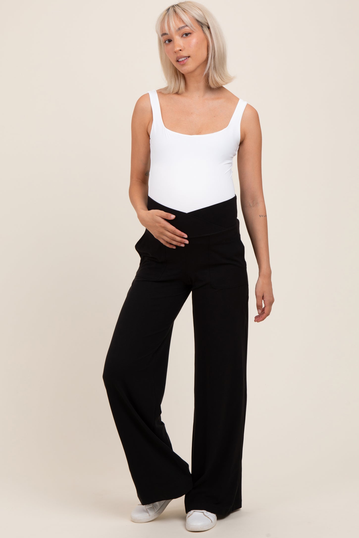Black Crossover Waist Active Wide Leg Maternity Pant