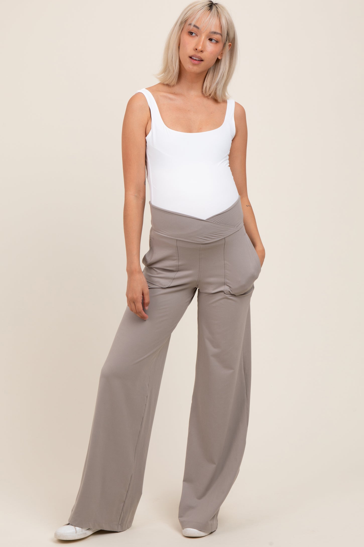 Light Taupe Crossover Waist Active Wide Leg Maternity Pant