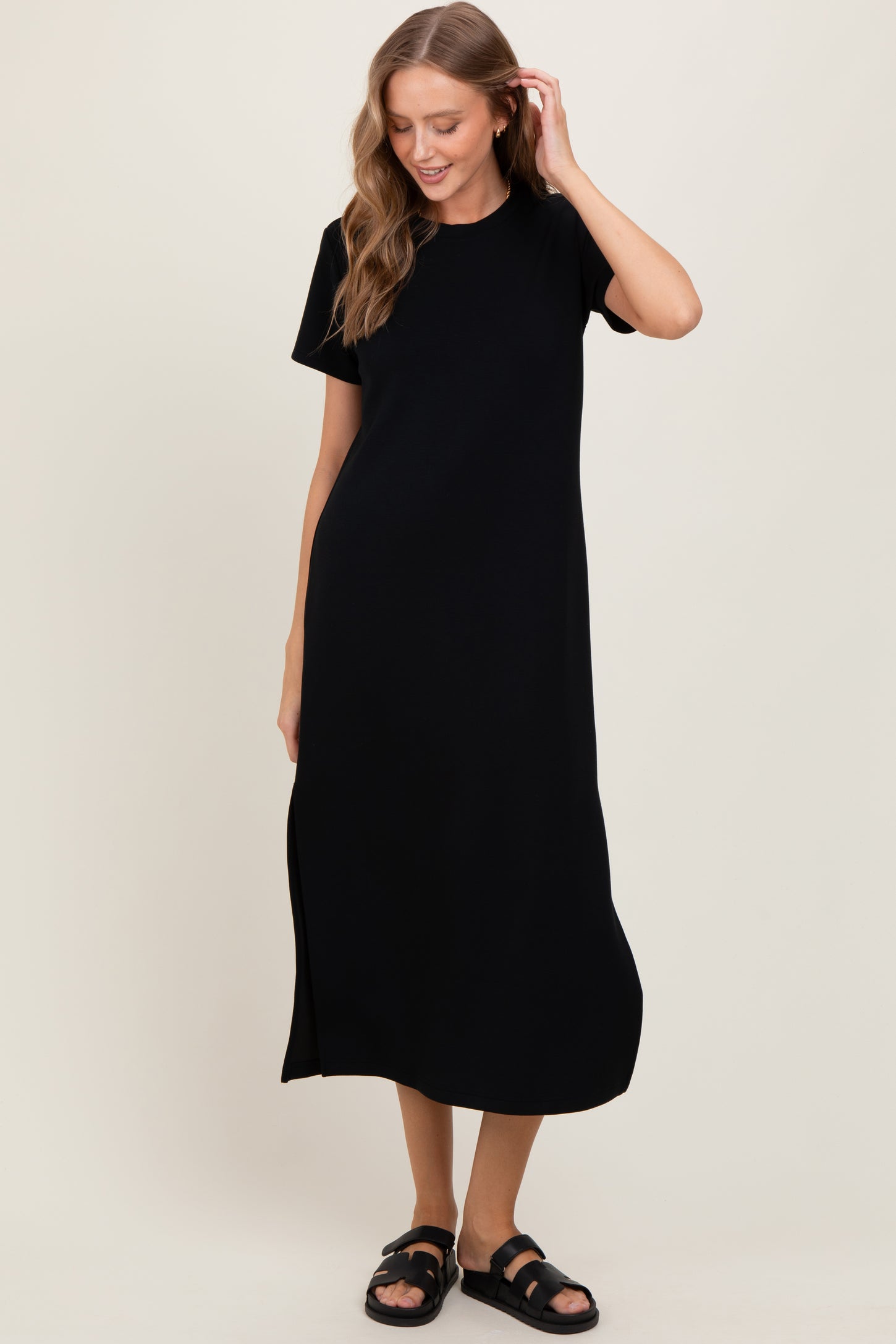 Black Basic Side Slit Short Sleeve Midi Dress