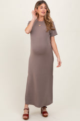 Taupe Basic Side Slit Short Sleeve Maternity Midi Dress