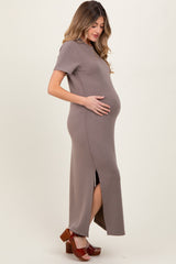 Taupe Basic Side Slit Short Sleeve Maternity Midi Dress