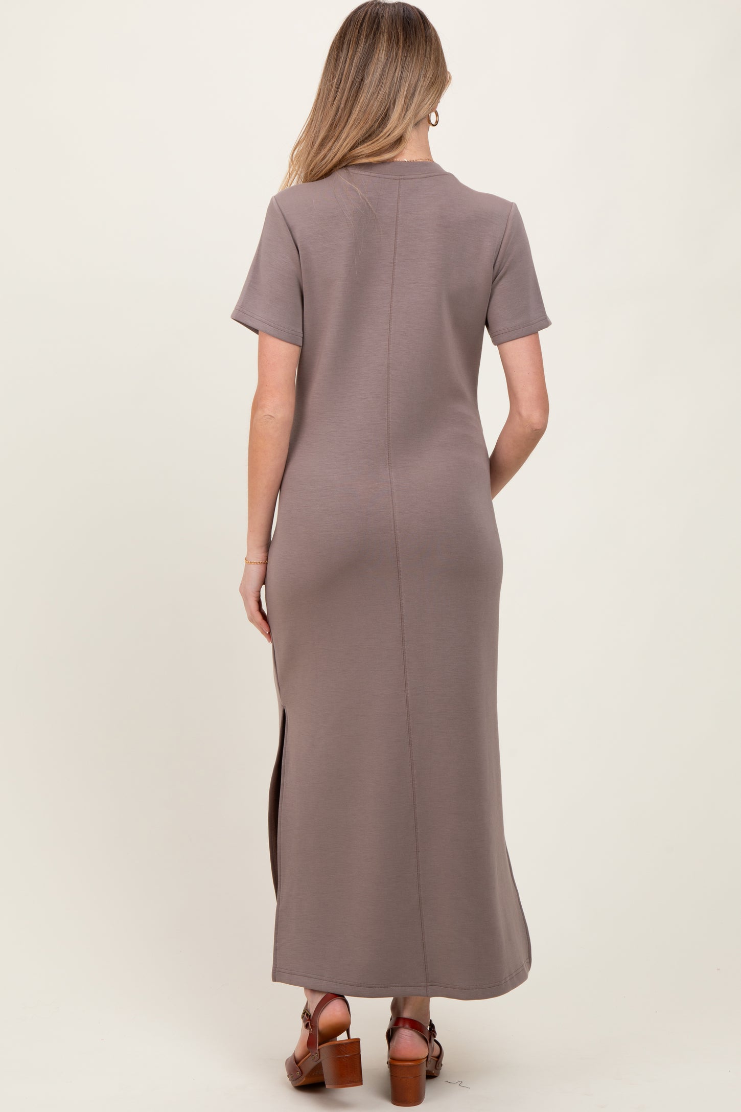 Taupe Basic Side Slit Short Sleeve Maternity Midi Dress