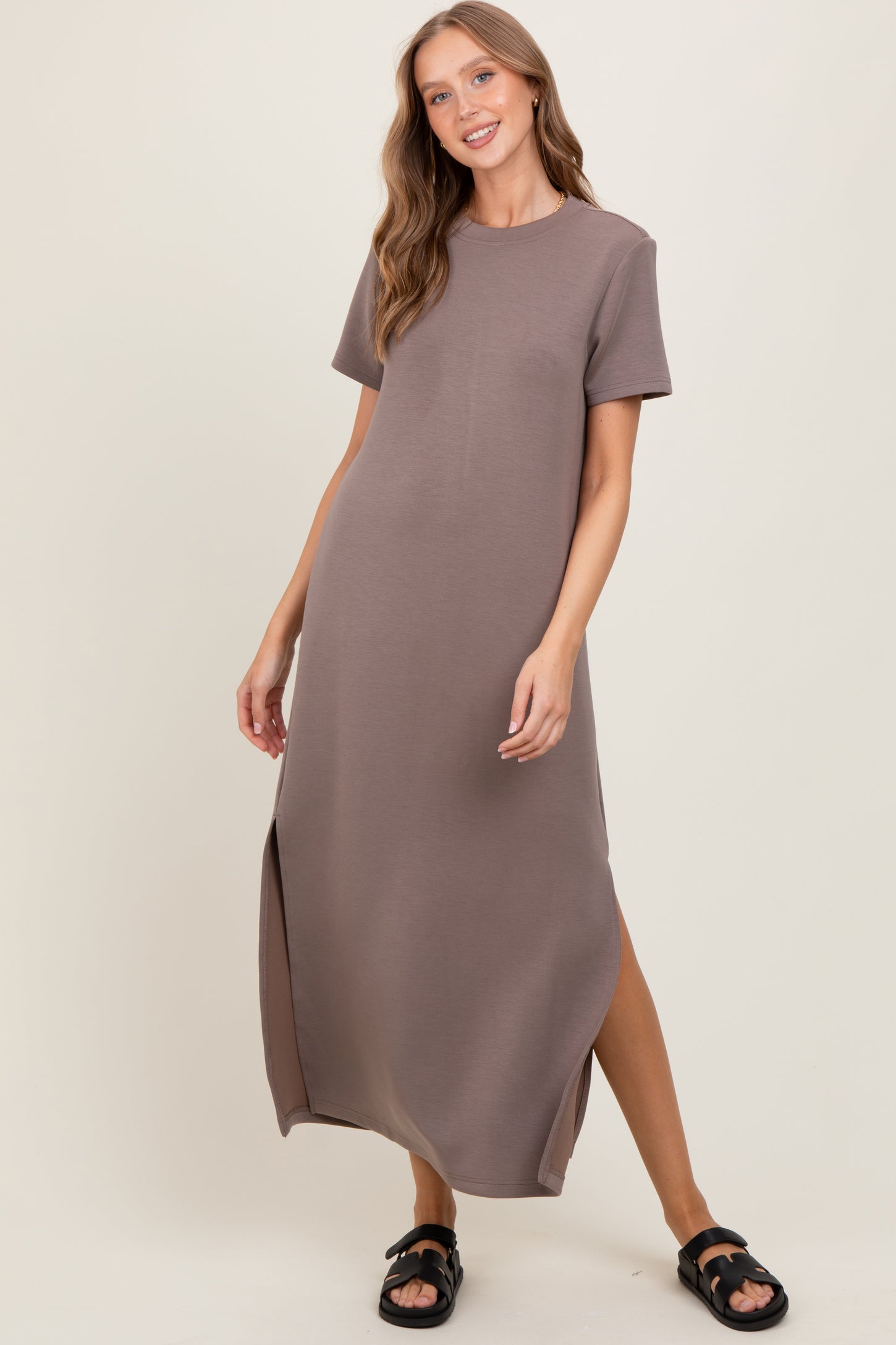 Taupe Basic Side Slit Short Sleeve Midi Dress