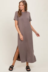 Taupe Basic Side Slit Short Sleeve Maternity Midi Dress