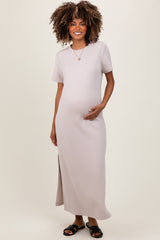 Cream Basic Side Slit Short Sleeve Maternity Midi Dress