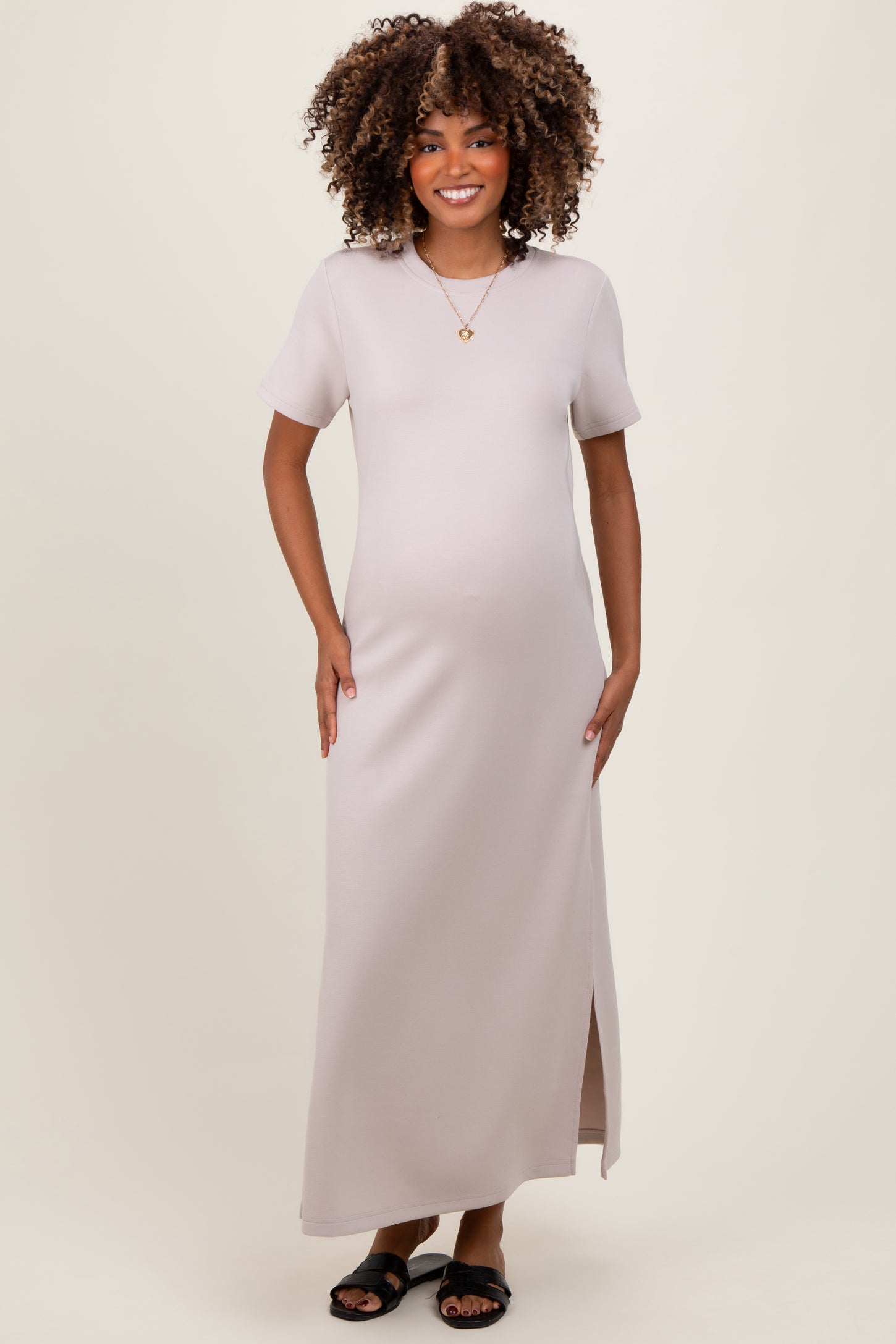 Cream Basic Side Slit Short Sleeve Maternity Midi Dress