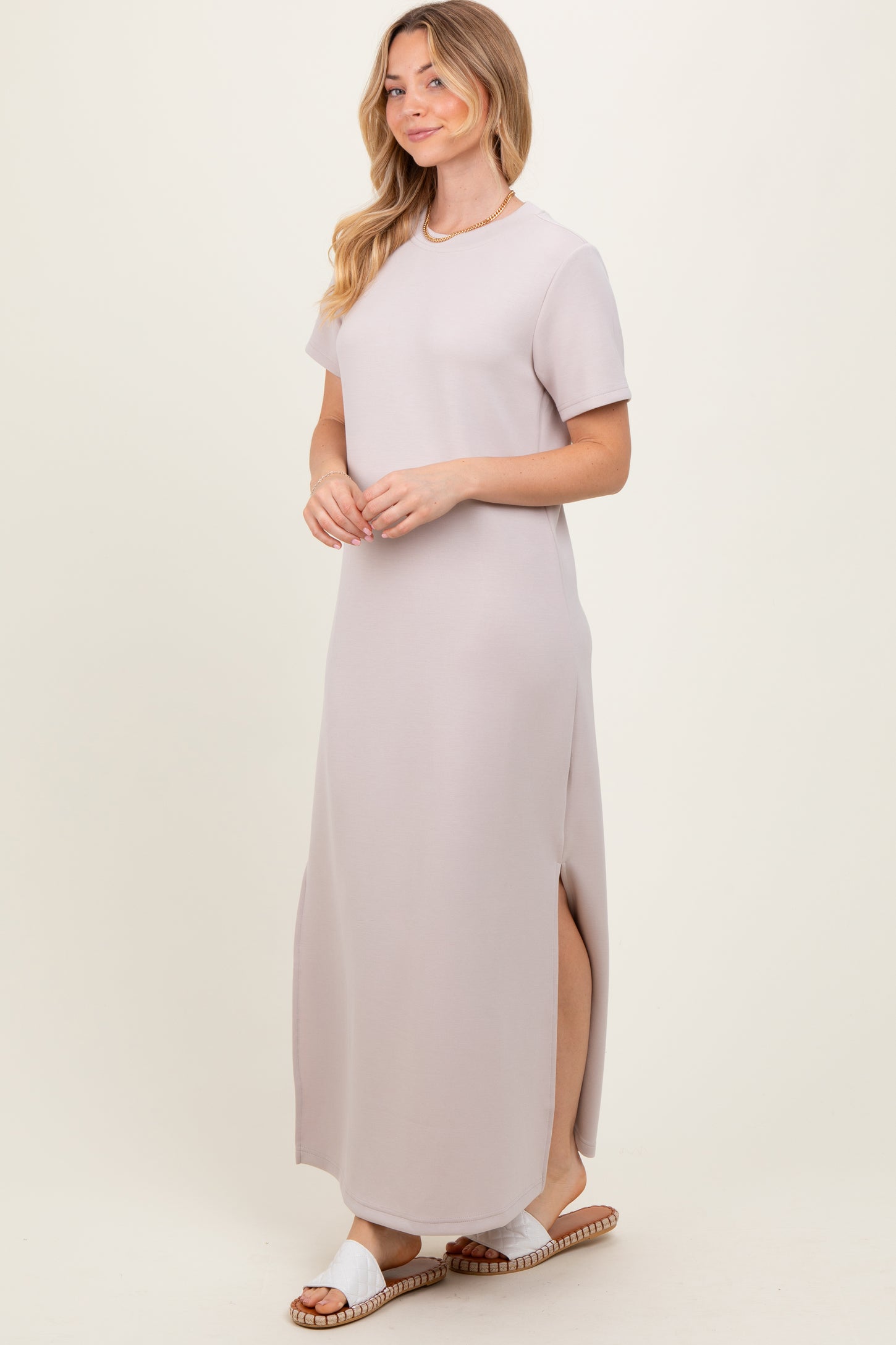 Cream Basic Side Slit Short Sleeve Midi Dress