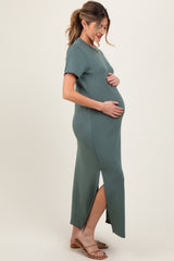 Light Olive Basic Side Slit Short Sleeve Maternity Midi Dress