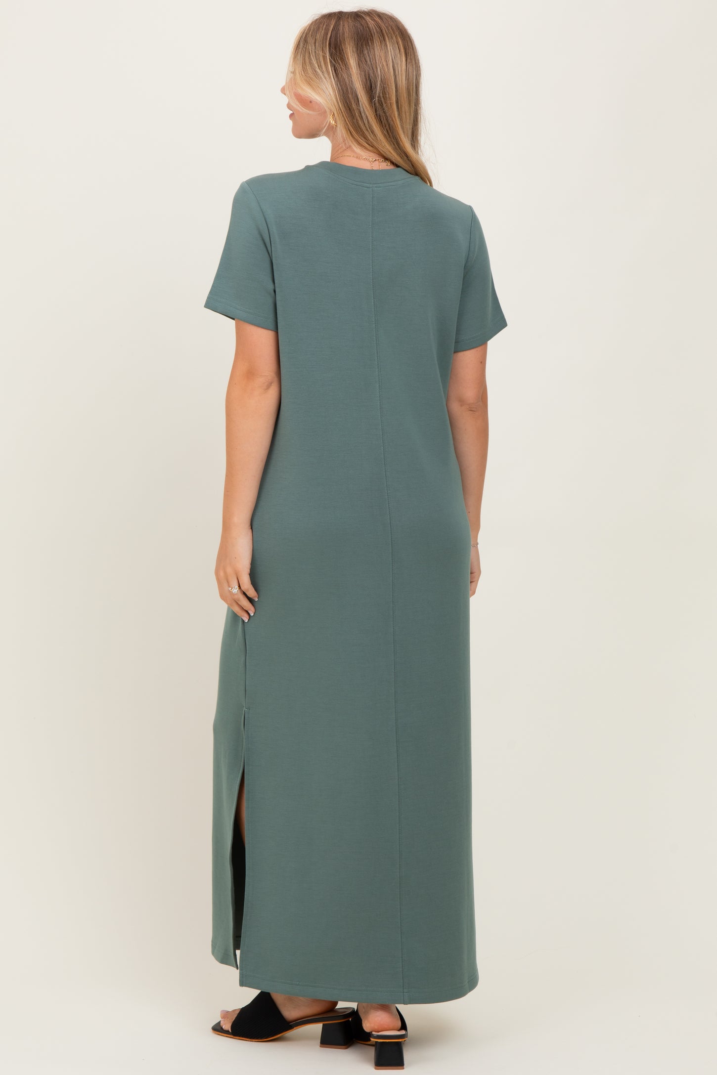 Light Olive Basic Side Slit Short Sleeve Midi Dress