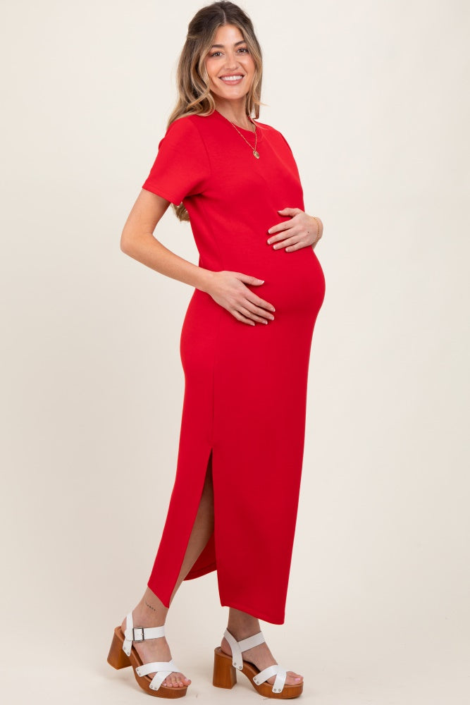 Red Basic Side Slit Short Sleeve Maternity Midi Dress