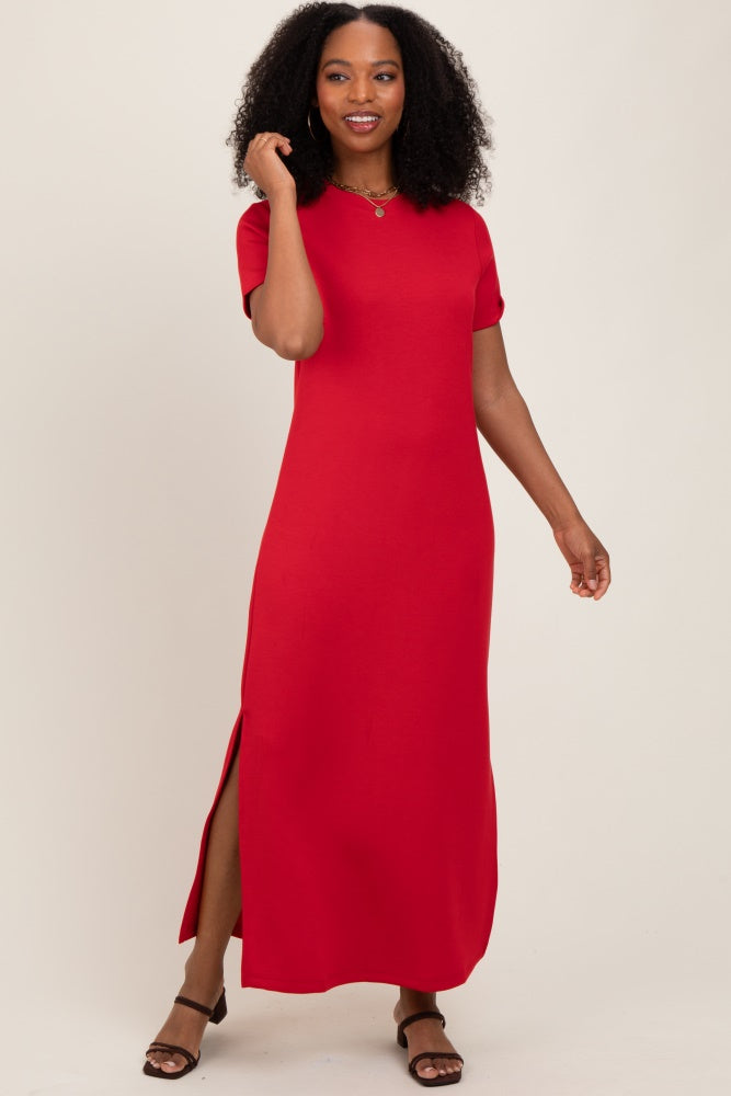 Red Basic Side Slit Short Sleeve Maternity Midi Dress