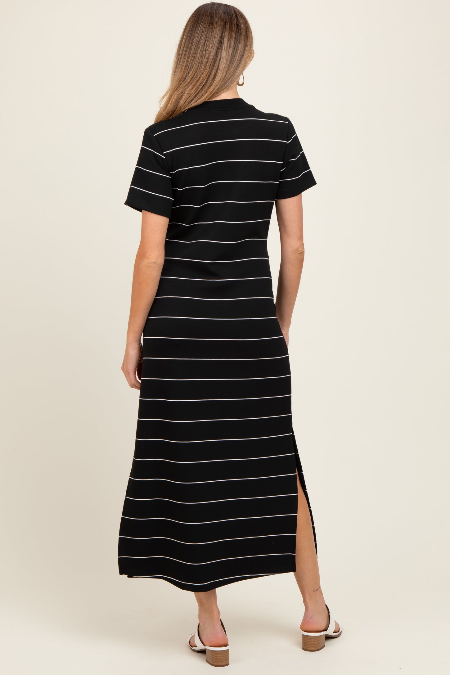 Black Striped Short Sleeve Side Slit Maternity Midi Dress
