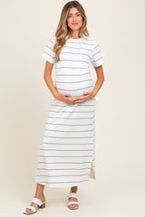 Ivory Striped Short Sleeve Side Slit Maternity Midi Dress