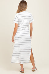 Ivory Striped Short Sleeve Side Slit Maternity Midi Dress