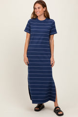 Navy Striped Short Sleeve Side Slit Midi Dress