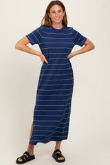 Navy Striped Short Sleeve Side Slit Midi Dress