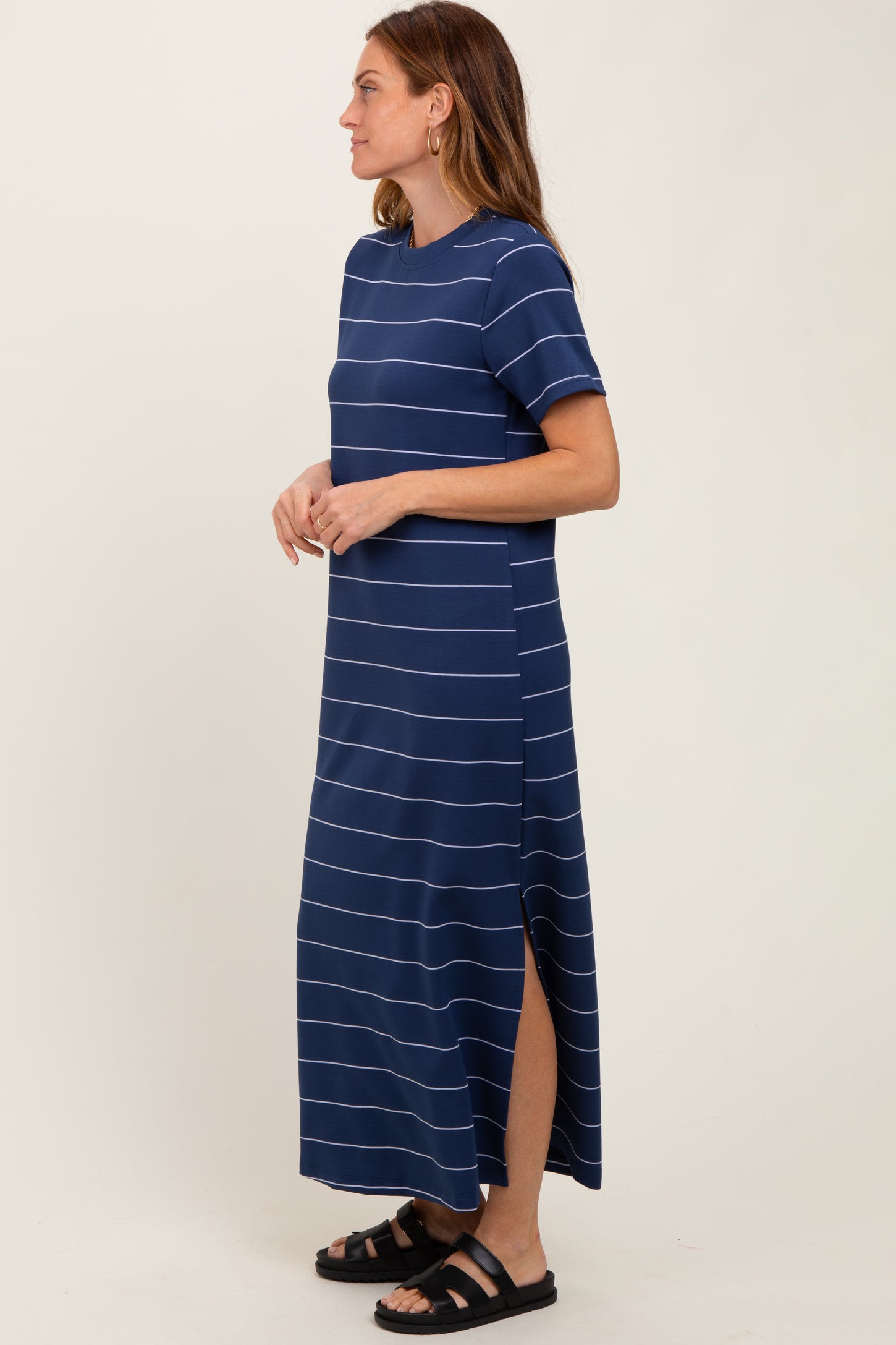 Navy Striped Short Sleeve Side Slit Midi Dress
