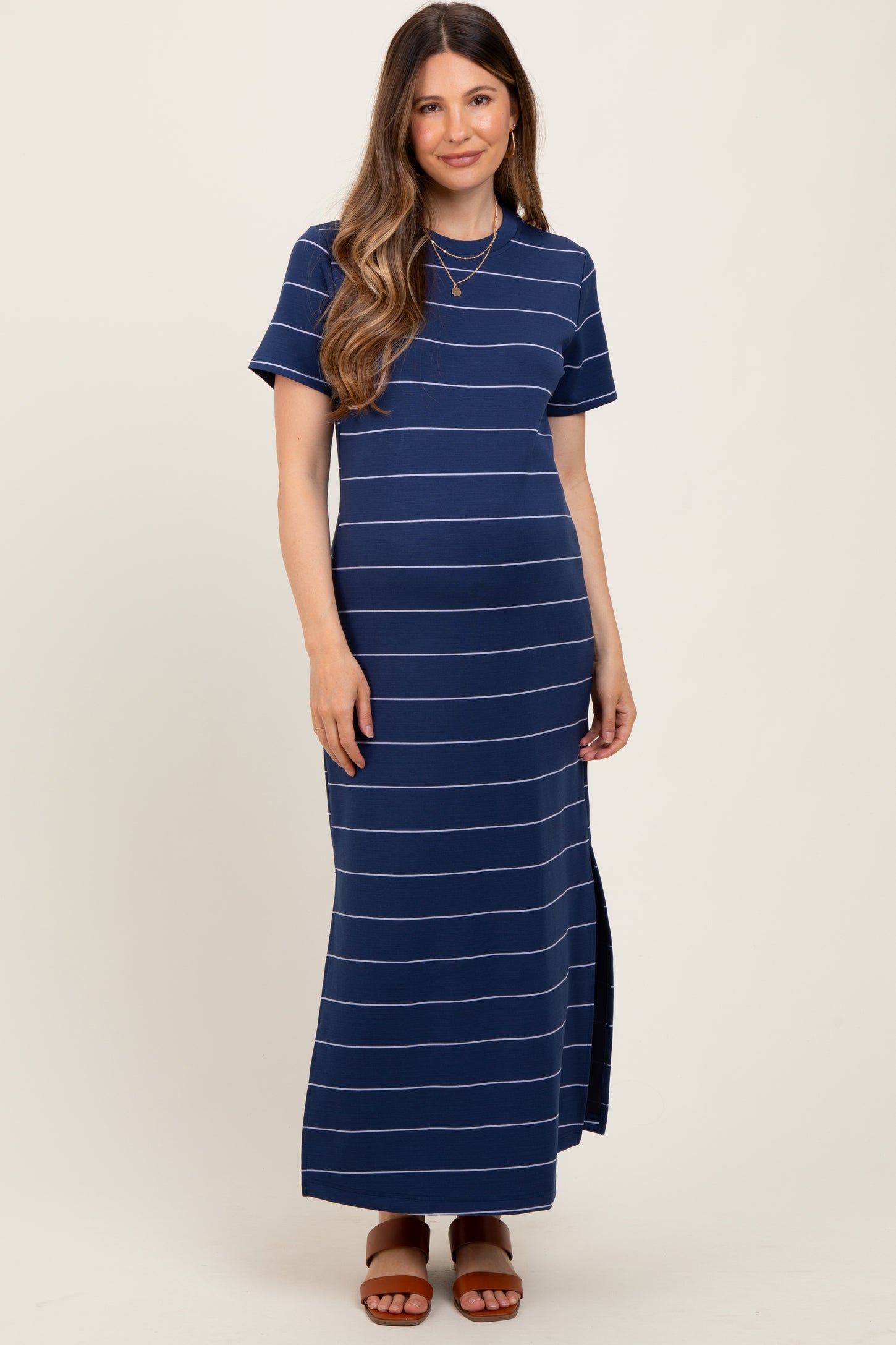 Navy Striped Short Sleeve Side Slit Maternity Midi Dress