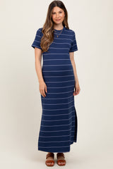 Navy Striped Short Sleeve Side Slit Maternity Midi Dress