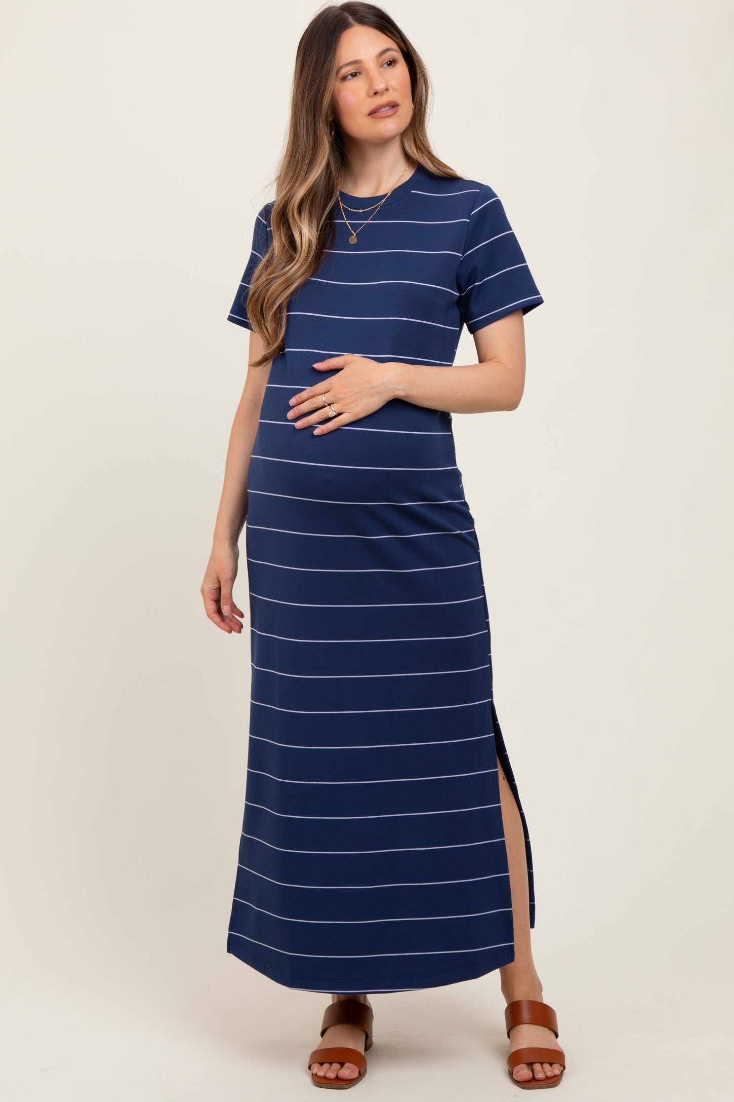 Navy Striped Short Sleeve Side Slit Maternity Midi Dress