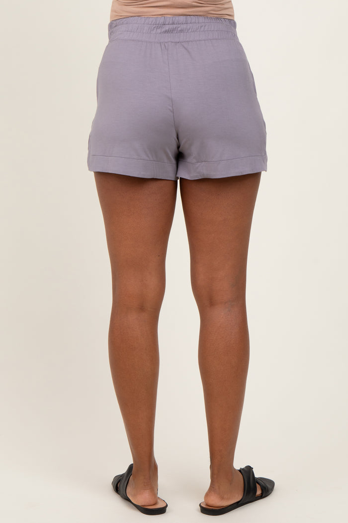 maternity wear light purple shorts with an elastic waistband, shown from the back