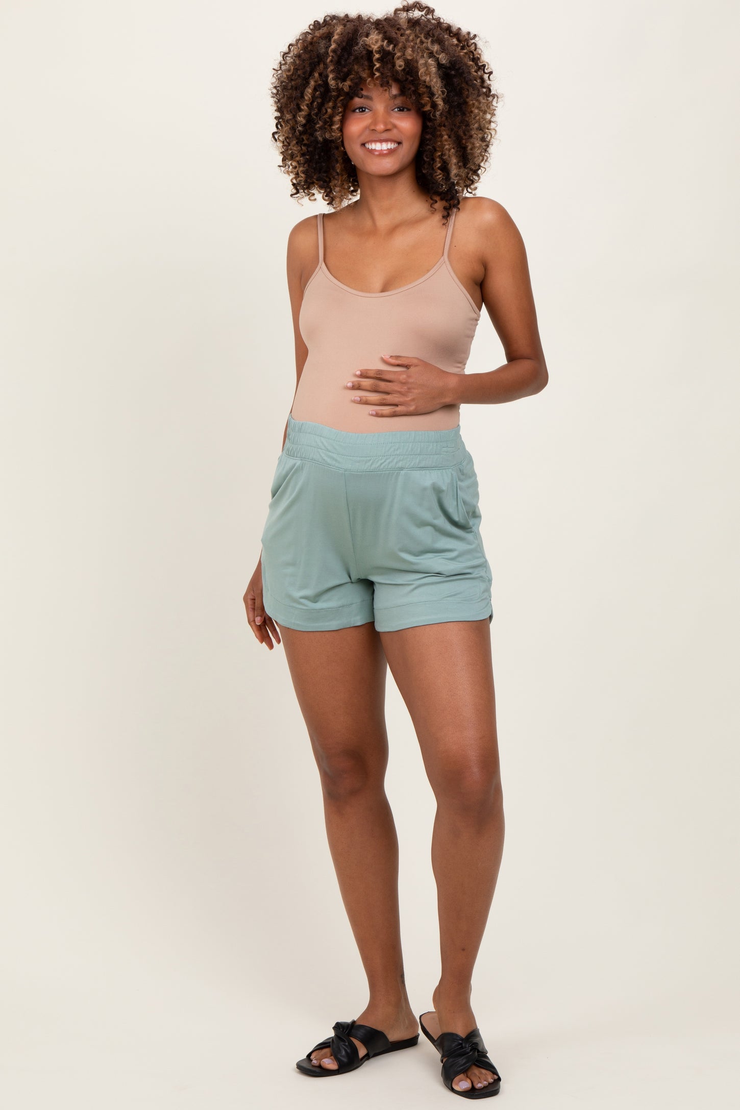Light Olive Basic Rounded Hem Maternity Shorts