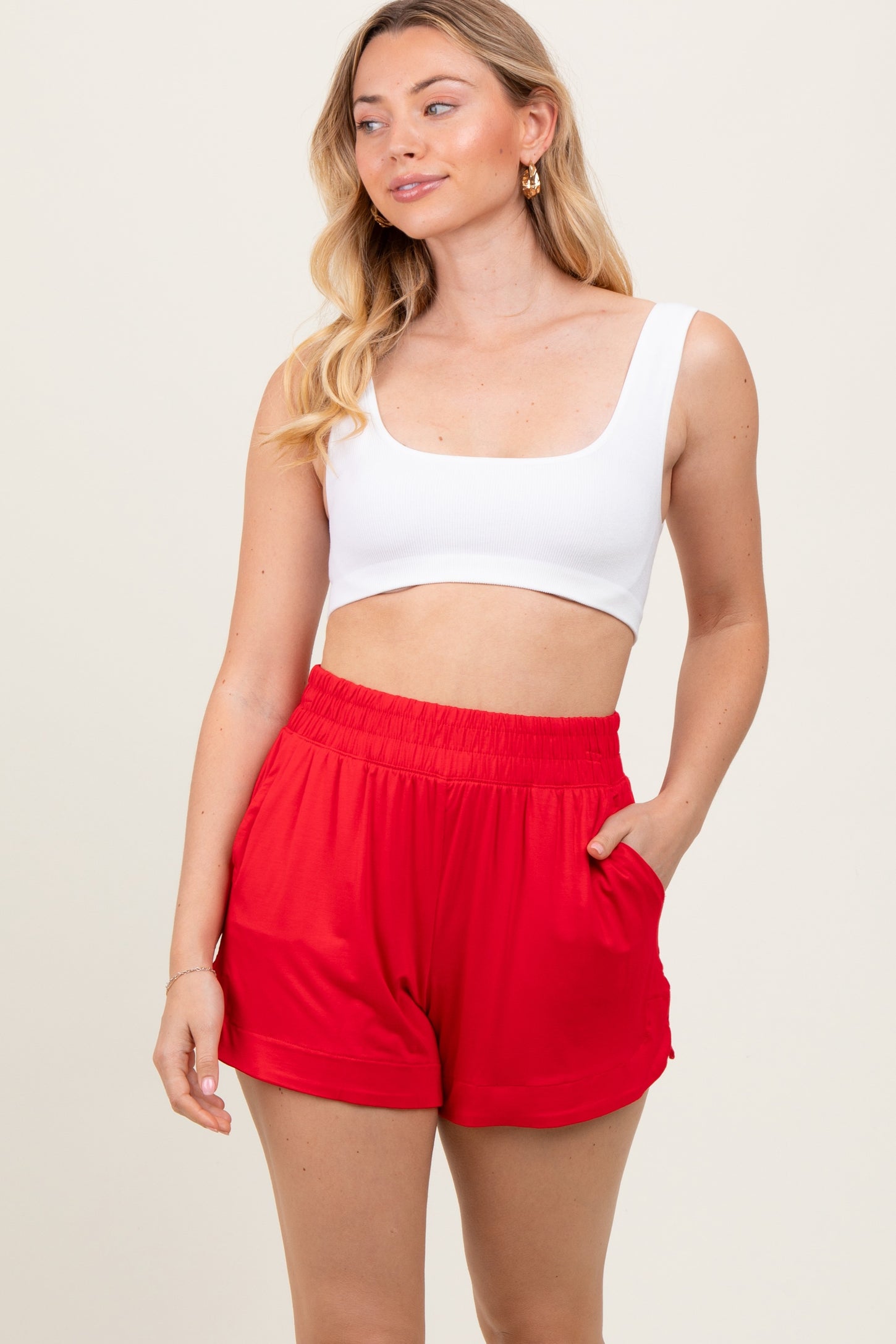 Red Basic Rounded Hem Shorts