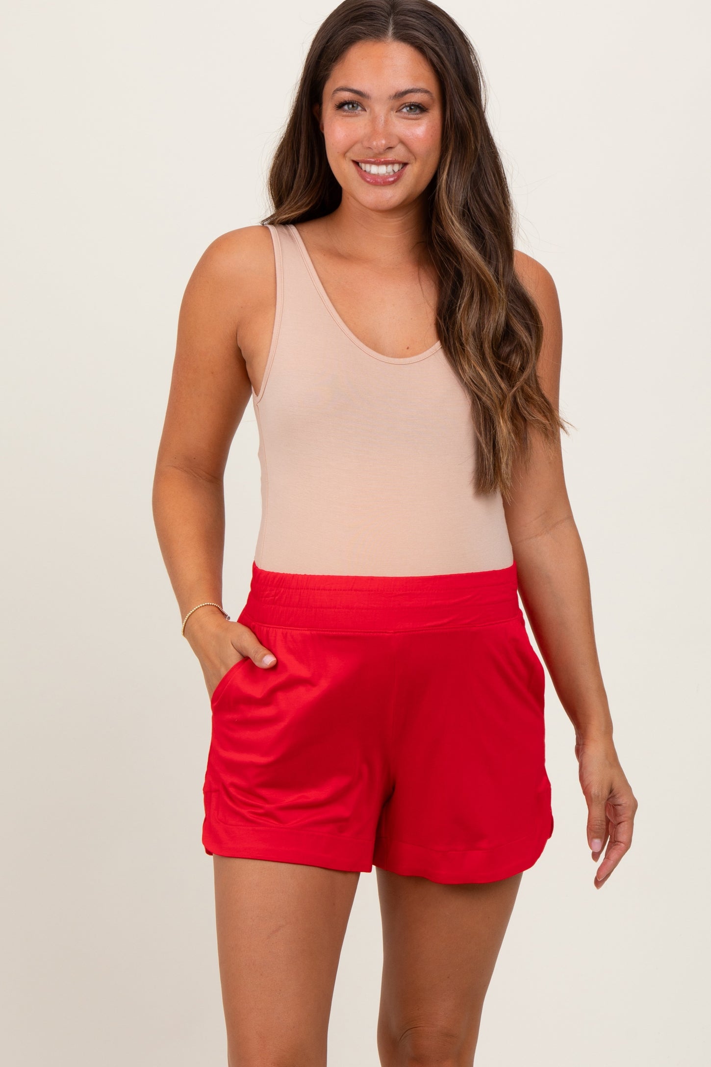 Red Basic Rounded Hem Maternity Shorts