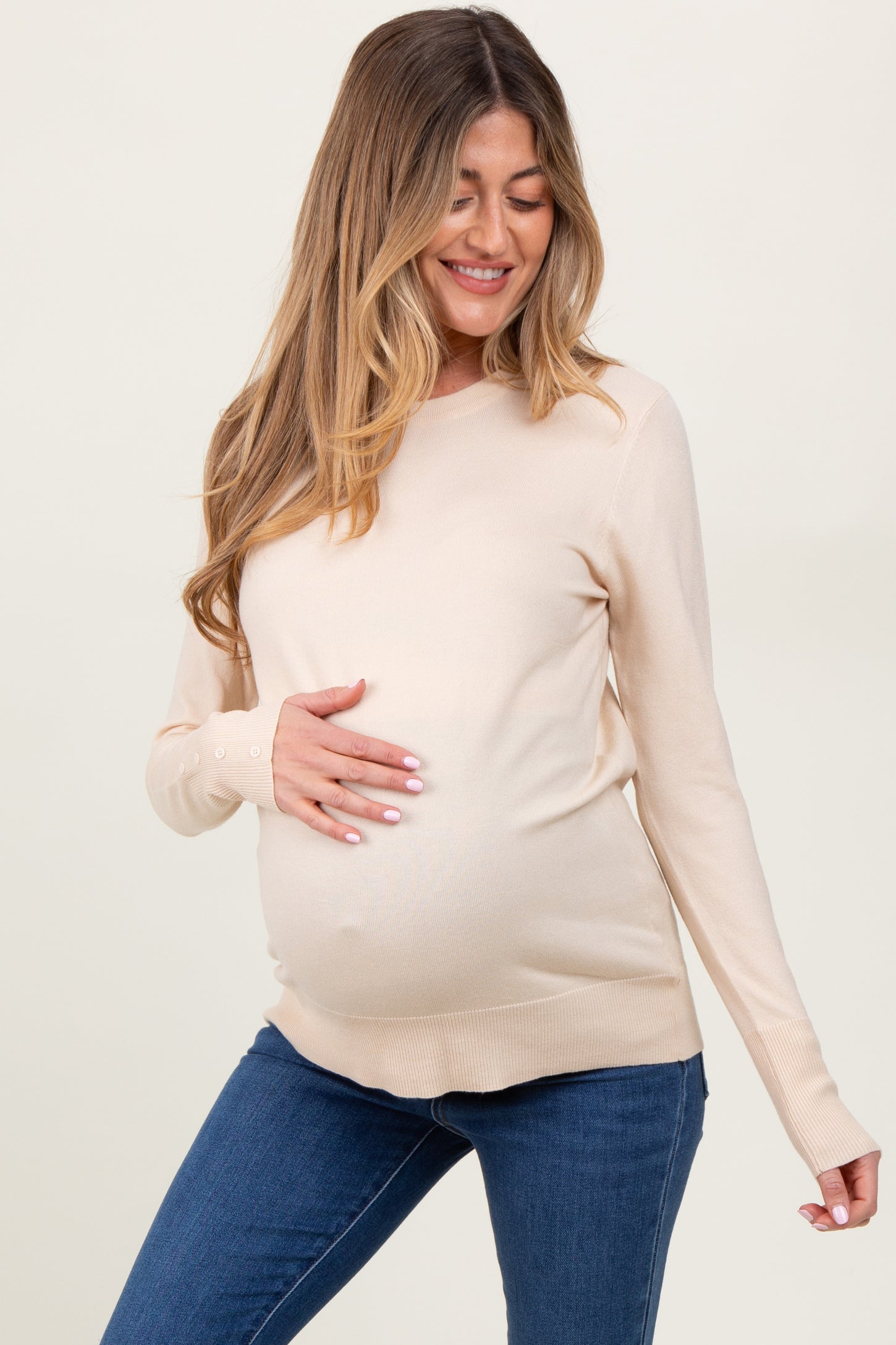 Cream Knit Long Button Sleeve Maternity Top