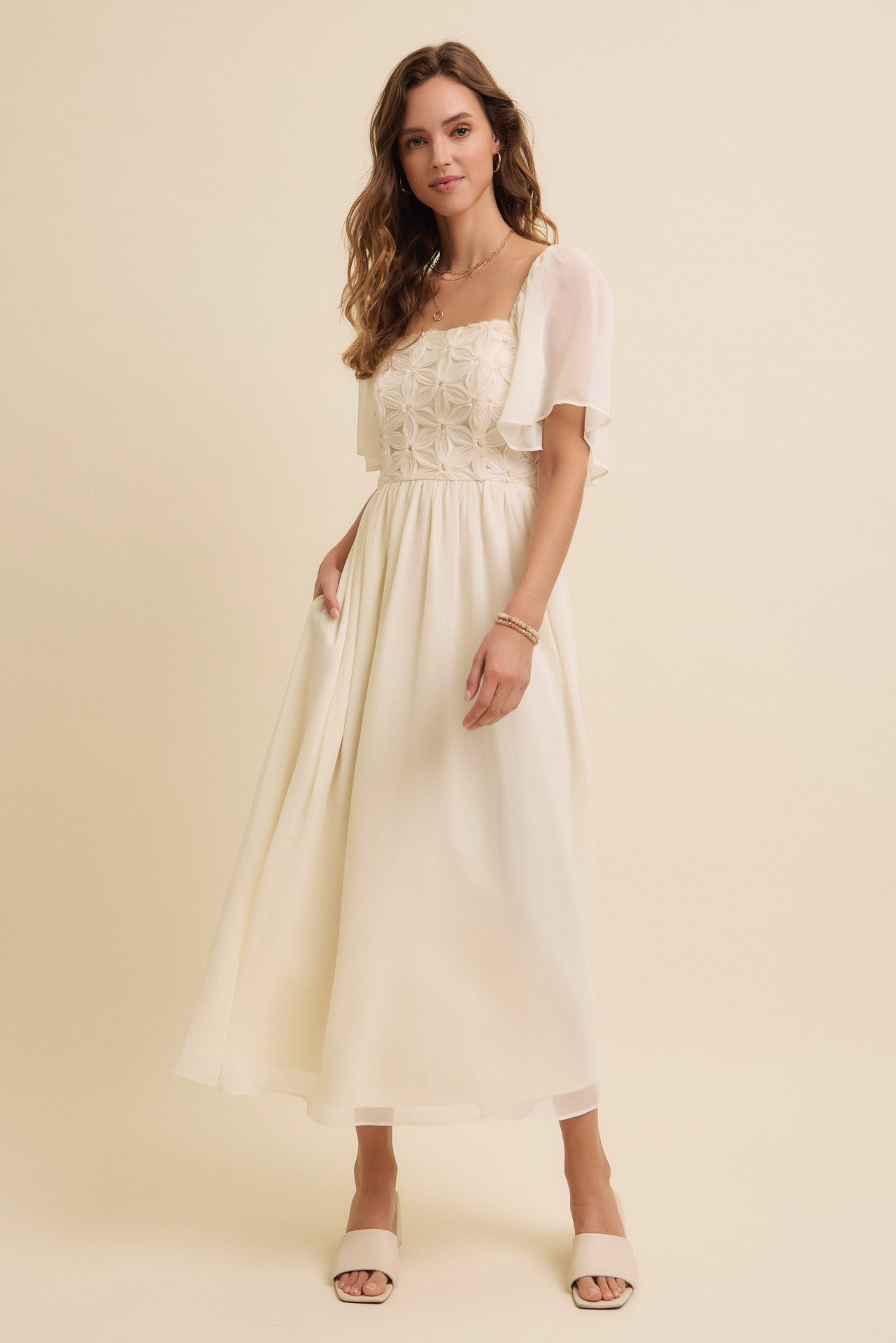 Cream Floral Applique Flutter Sleeved Midi Dress PinkBlush Cream Floral Applique Flutter Sleeved Midi Dress PinkBlush