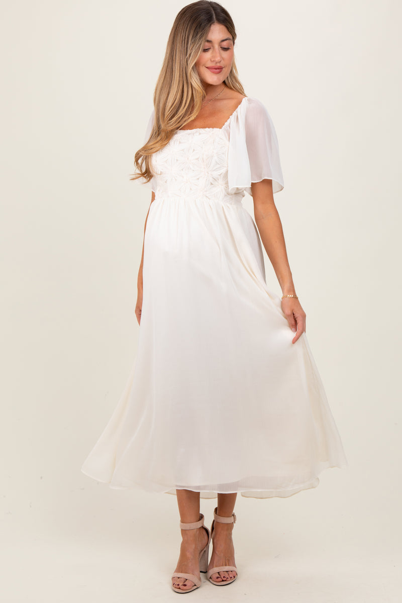 white christmas dresses Pinkblush MaternityCream Floral Applique Flutter Sleeved Maternity Midi Dress main image 0