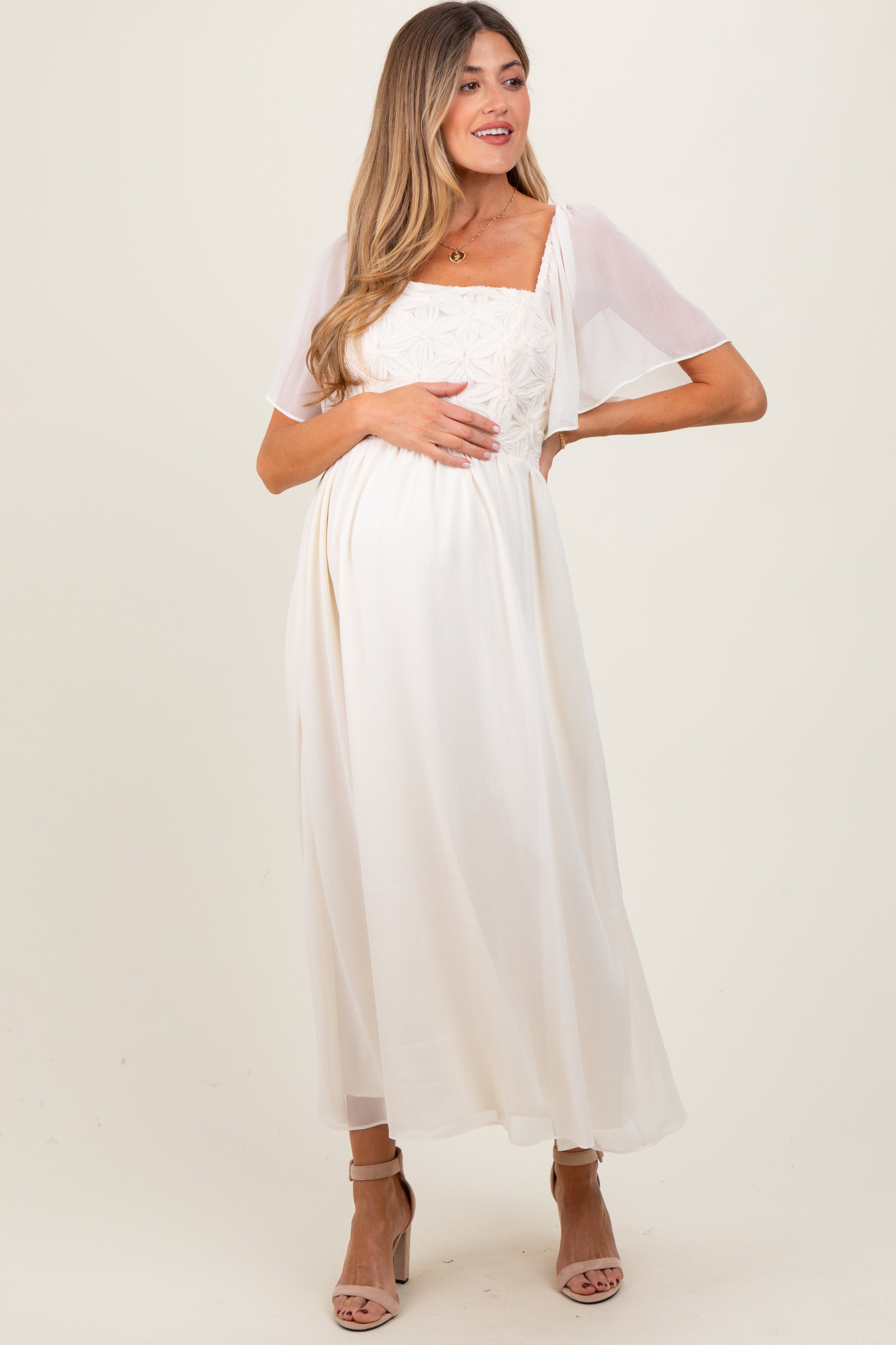 Cream Floral Applique Flutter Sleeved Maternity Midi Dress – PinkBlush