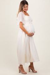 Cream Floral Applique Flutter Sleeved Maternity Midi Dress