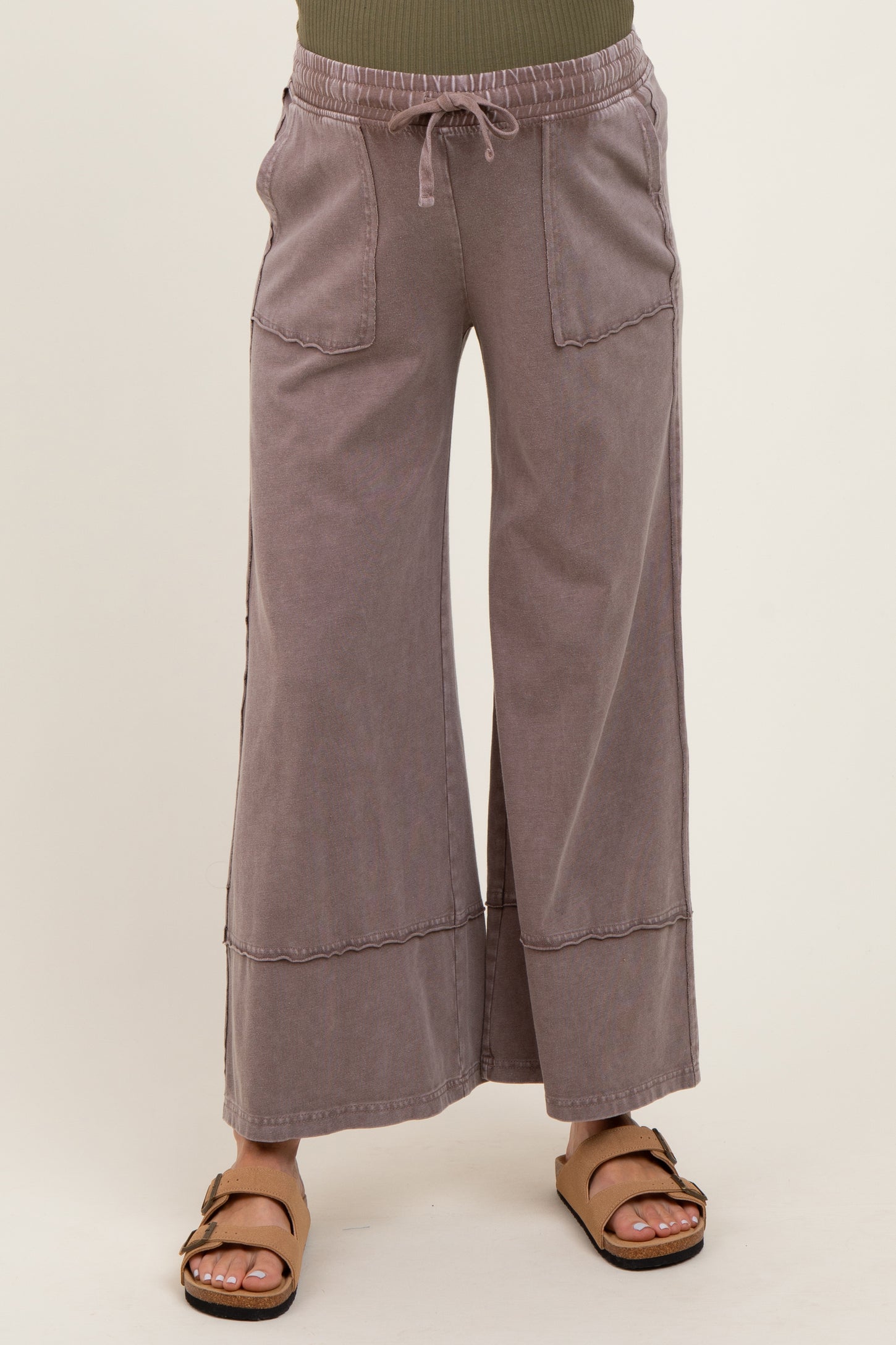 Mocha Mineral Wash Wide Leg Ankle Maternity Pants