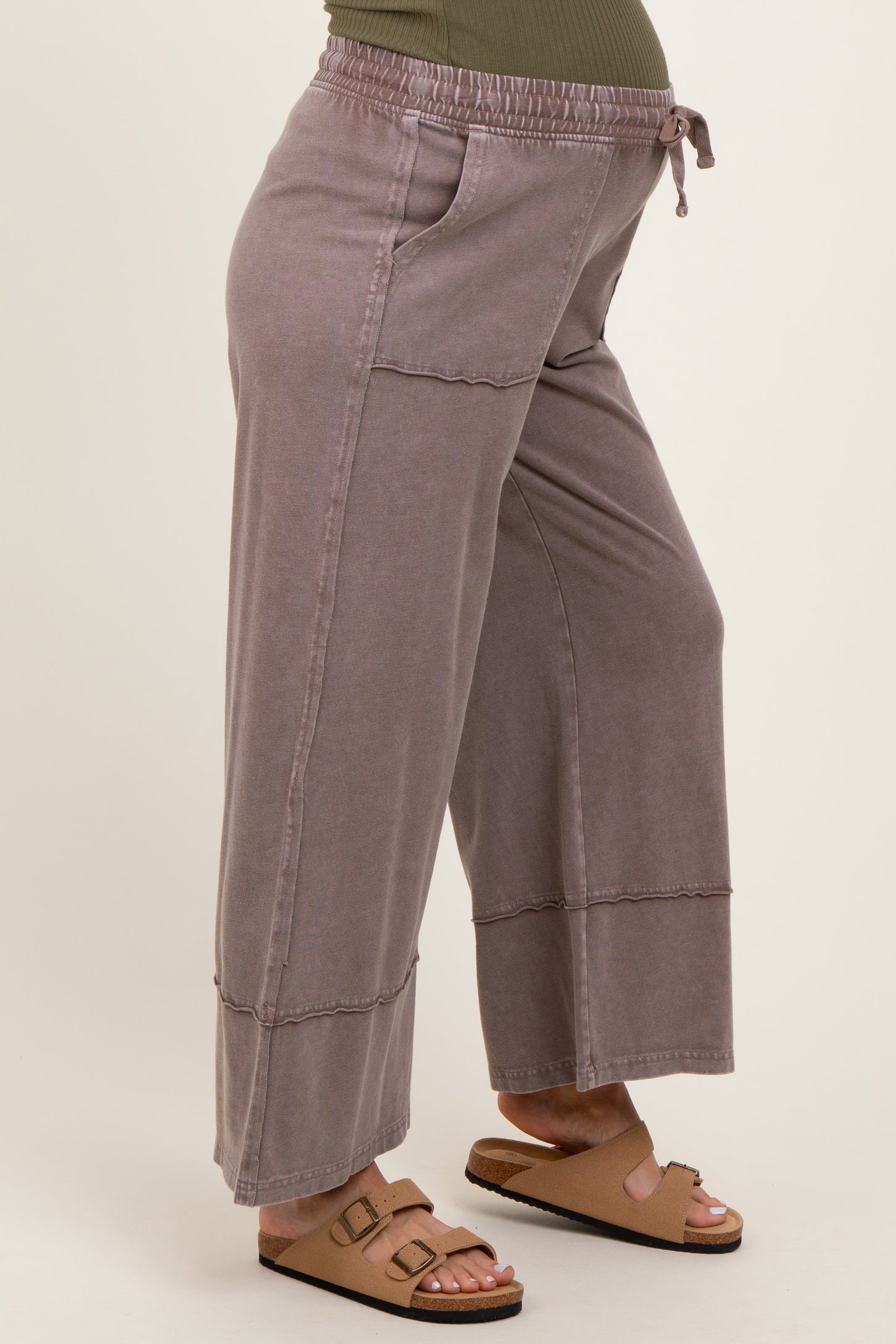 Mocha Mineral Wash Wide Leg Ankle Maternity Pants