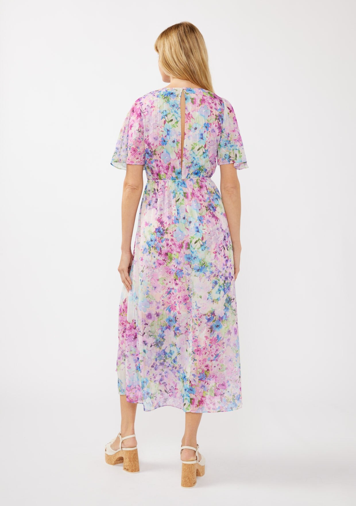 Light Pink Watercolor Floral Flutter Sleeve Midi Dress