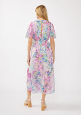 Light Pink Watercolor Floral Flutter Sleeve Midi Dress