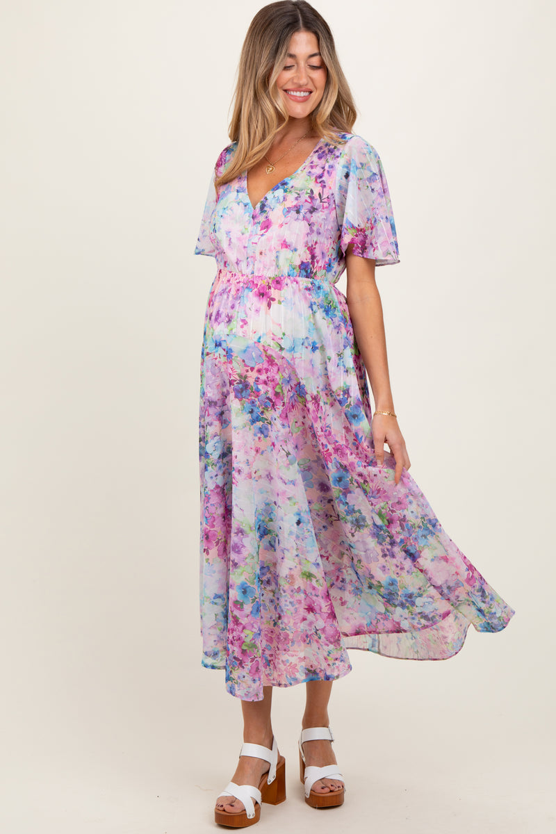 Light Pink Watercolor Floral Flutter Sleeve Maternity Midi Dress ...