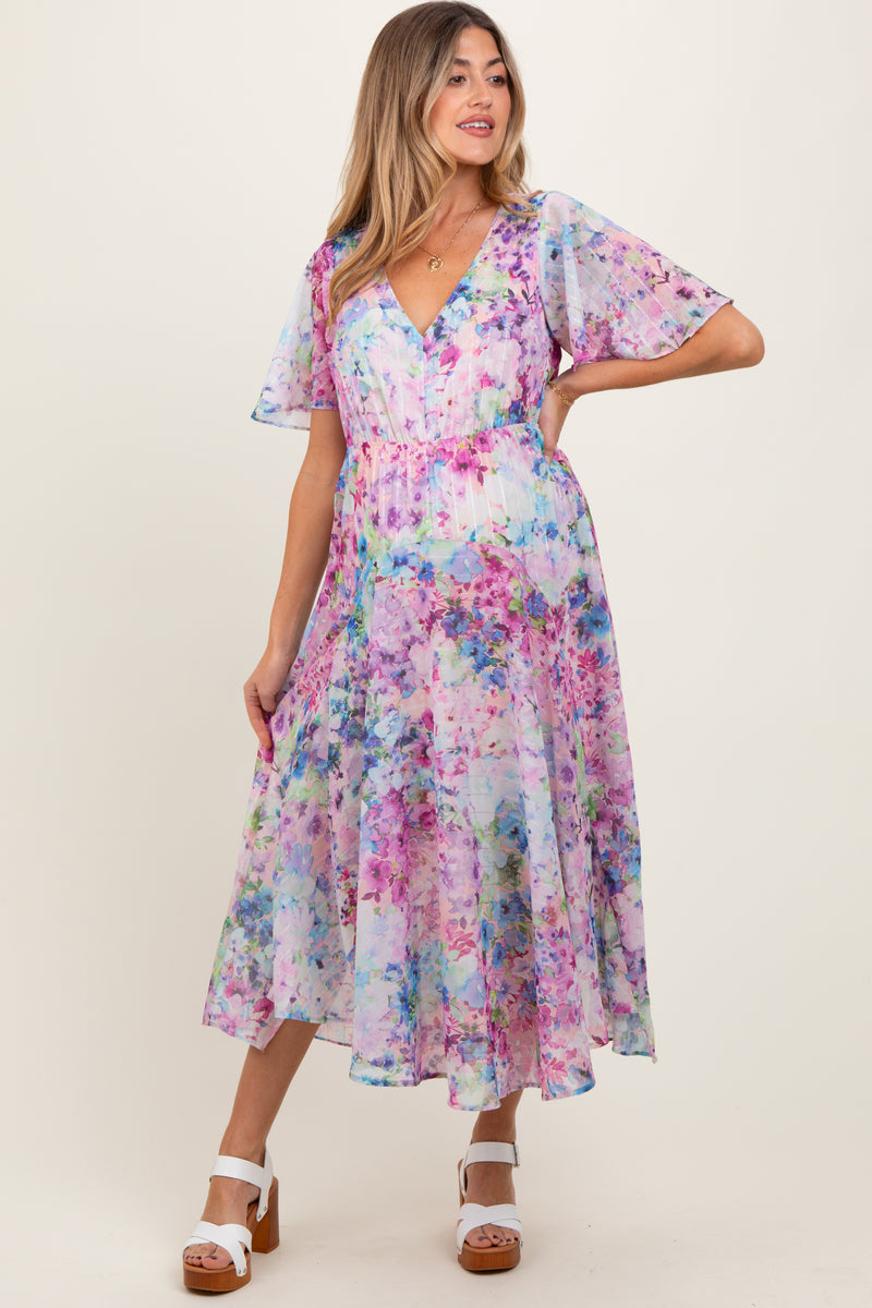 Light Pink Watercolor Floral Flutter Sleeve Maternity Midi Dress ...