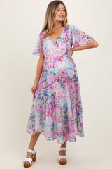 Light Pink Watercolor Floral Flutter Sleeve Maternity Midi Dress