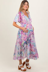 Light Pink Watercolor Floral Flutter Sleeve Maternity Midi Dress