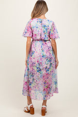 Light Pink Watercolor Floral Flutter Sleeve Maternity Midi Dress
