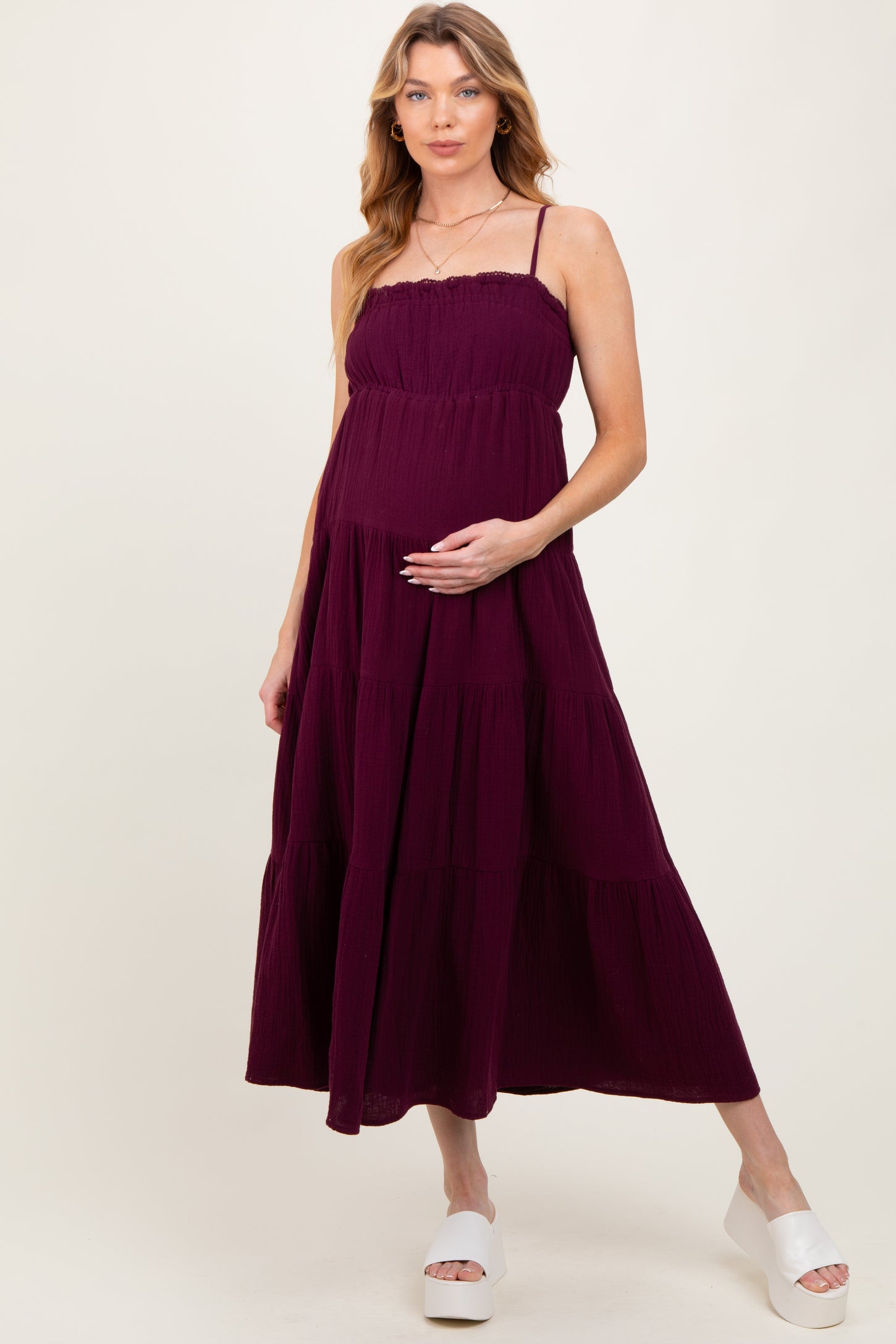 Plum Crochet Trim Tiered Maternity Maxi Dress
