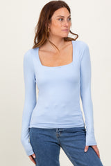 Light Blue Square Neck Long Sleeve Maternity Top