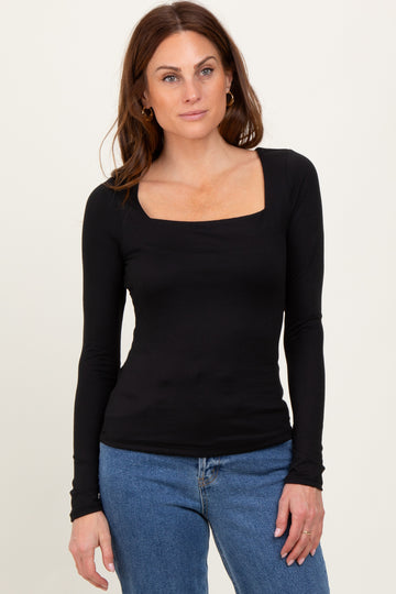 Black Square Neck Long Sleeve Top