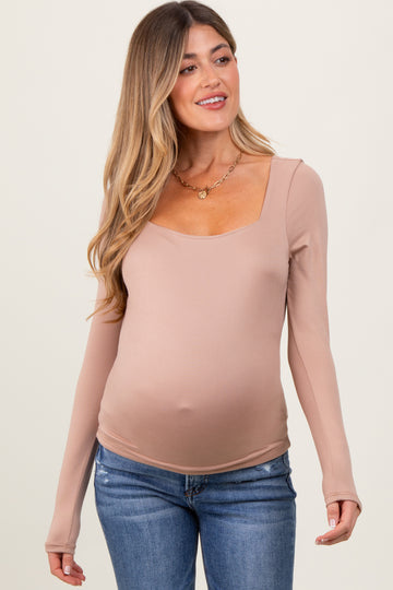 Beige Square Neck Long Sleeve Maternity Top