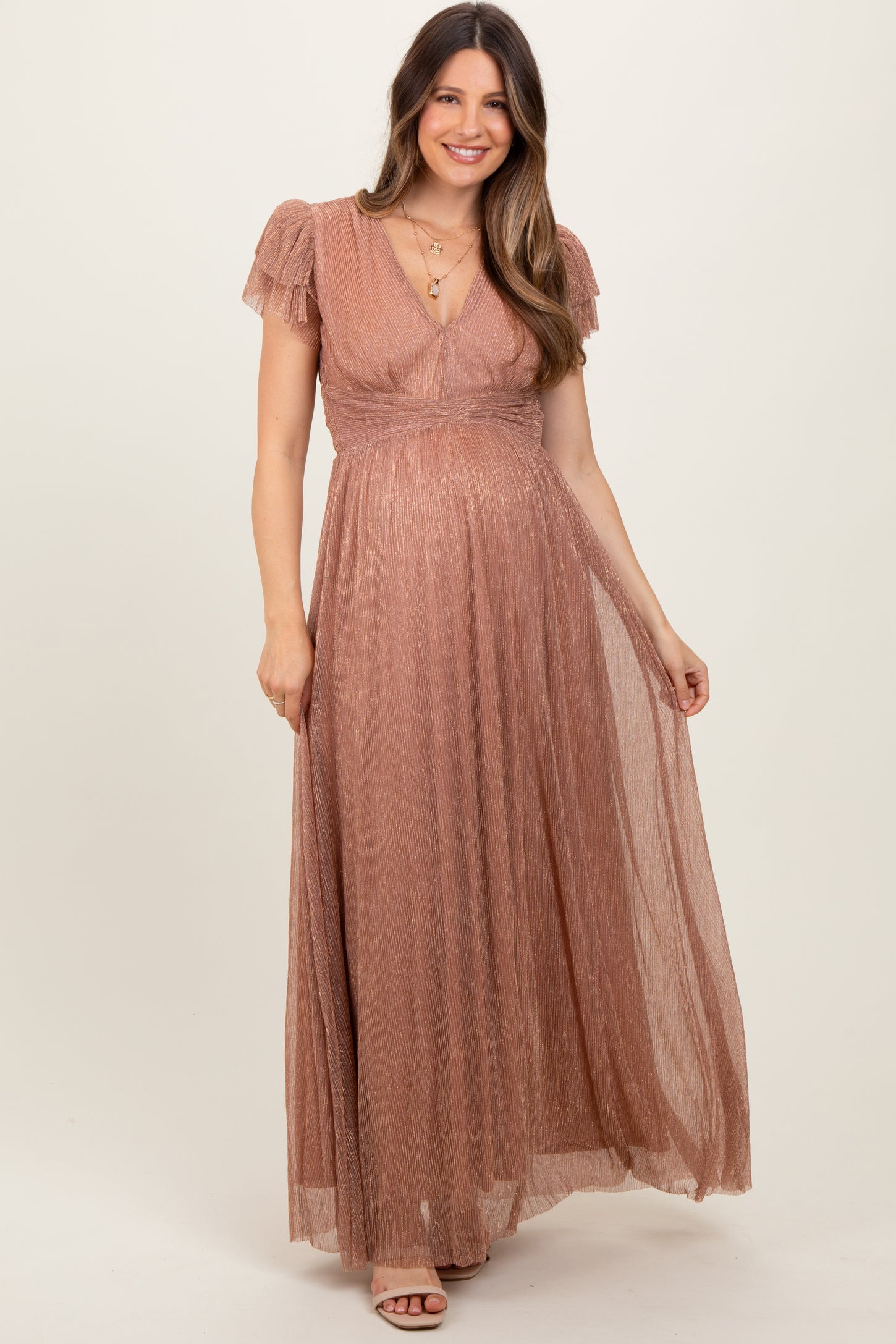 Gold Metallic Plisse Flutter Sleeve Maternity Maxi Dress PinkBlush Gold Metallic Plisse Flutter Sleeve Maternity Maxi Dress PinkBlush